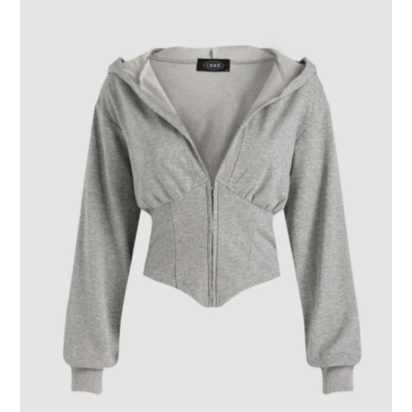 Cider Tops - Cider Grey Solid Hooded Corset Hoodie Sweater
